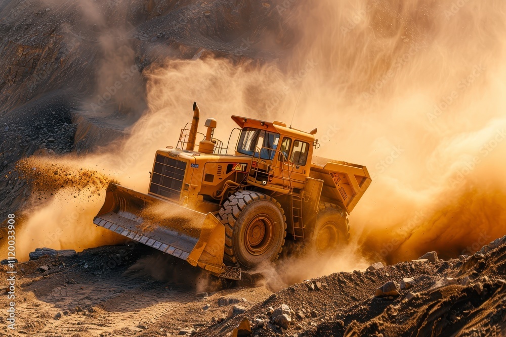 Powerful Mining Dump Truck Excavating Dust Cloud Heavy Equipment Industry Powerful Mining Dump Truck Excavating Dust Cloud Heavy Equipment Industry