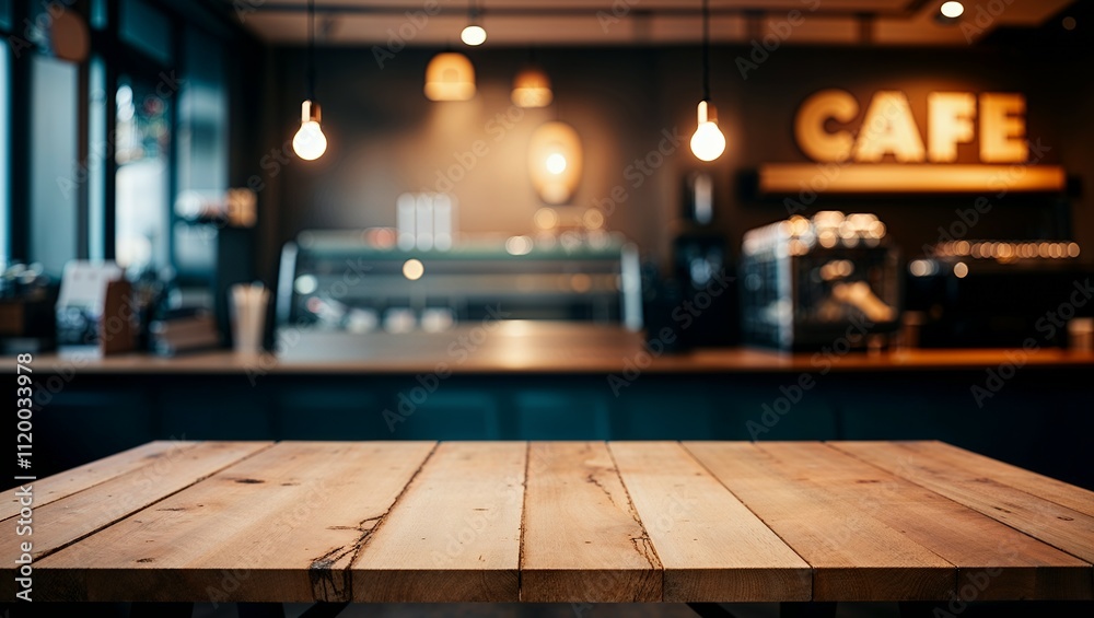 Wood table top on blurred of counter cafe shop with light bulb.Background for montage product display or design key visual Wood table top on blurred of counter cafe shop with light bulb.Background for montage product display or design key visual