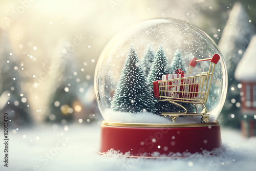 Weihnachtliche Schneekugel mit Einkaufswagen und Geschenken, erstellt mit generativer KI