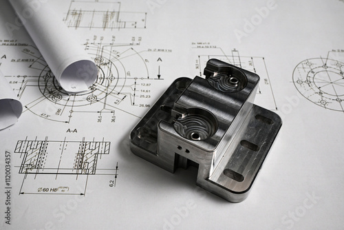 Metal part lying on engineering drawing with rolled blueprints, illustrating mechanical engineering and precision manufacturing