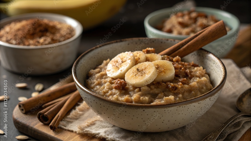 Spelt porridge with banana slices, cinnamon, and nuts in a ceramic bowl Spelt porridge with banana slices, cinnamon, and nuts in a ceramic bowl