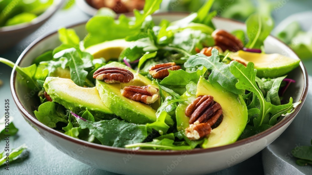 Fresh avocado and arugula salad with pecans. Fresh avocado and arugula salad with pecans.