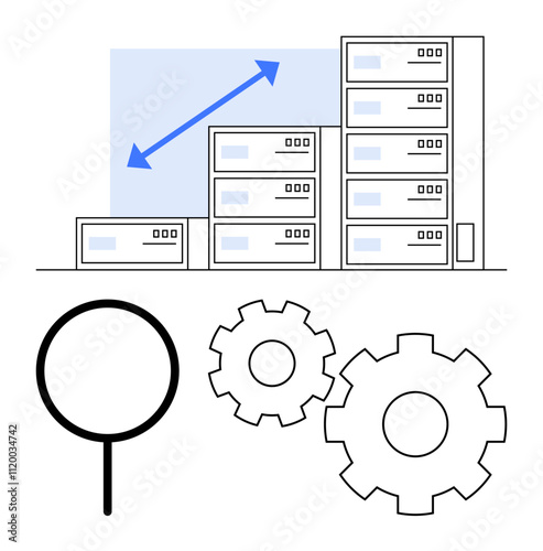 Buildings increase in size, blue arrow pointing up, magnifying glass, two gears. Ideal for business growth, data analysis, scaling, development success strategy and optimization themes. Line