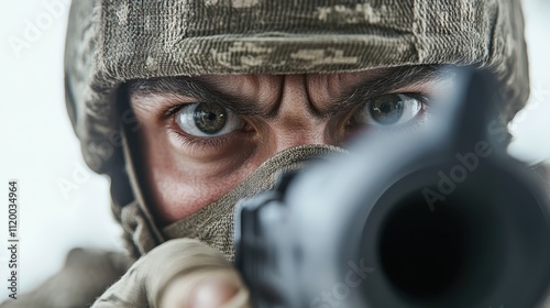 A soldier wearing a mask and camo helmet is intensely aiming a firearm, showcasing concentration and readiness, with a blurred gun barrel in the foreground. photo