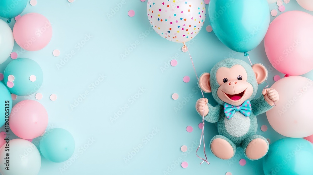 Cute monkey toy with pastel balloons and confetti on a blue background.