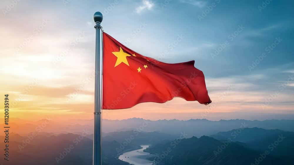 Chinese flag waving on the wind, national symbol of China. Patriotic concept for National Day, Army Day, Martyrs Day, Victory Day, Chinese New Year. Travel and tourism