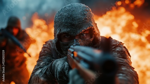 A masked individual closely aims a weapon in a fiery background, capturing the intensity and determination of a fighter in a volatile and dangerous environment. photo