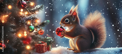 cute squirrel holding Christmas ornament in snowy forest setting, surrounded by festive decorations and Christmas tree, evokes joyful holiday spirit