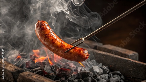 Chorizo sausage grilling over open flames with smoky atmosphere photo