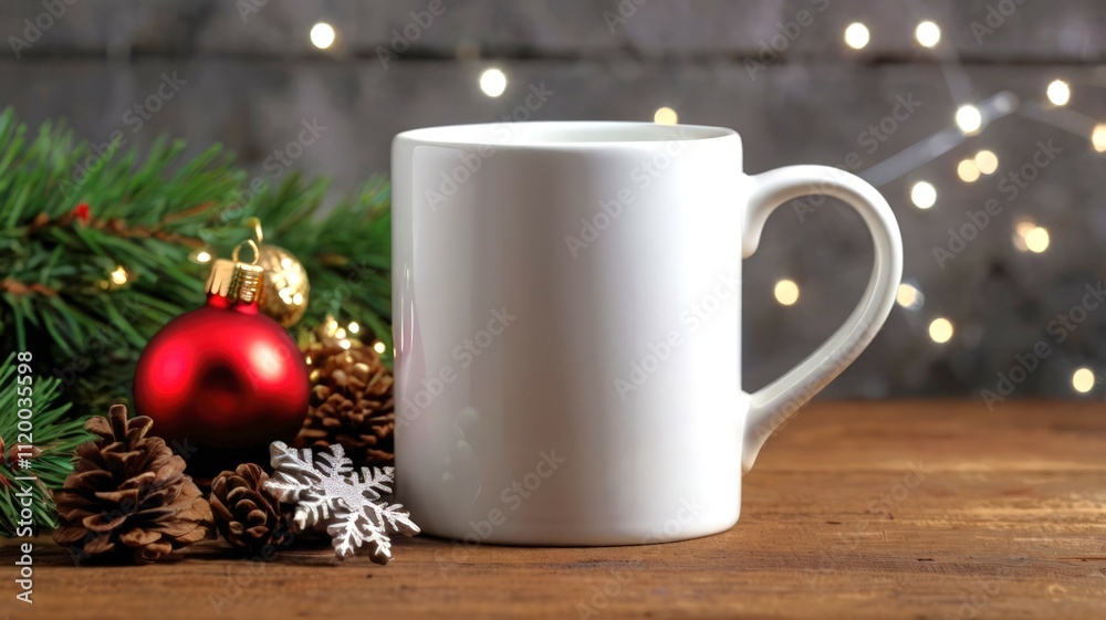 White mug with christmas decorations on wooden table with fairy lights.Christmas mockup concept. White mug with christmas decorations on wooden table with fairy lights.Christmas mockup concept.