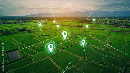 Digital map grid with location pins over rural farmland, showcasing connectivity and technology in agriculture. vibrant green fields highlight beauty of nature