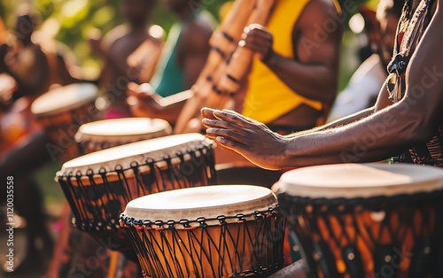 Close up of hands playing traditional African drums during a lively performance.