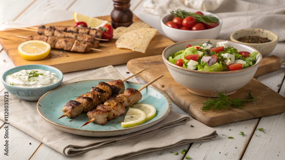 Greek-style souvlaki served with salad, pita bread, and lemon on a wooden table Greek-style souvlaki served with salad, pita bread, and lemon on a wooden table