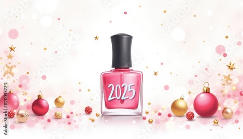 Festive pink nail polish bottle with 2025 label surrounded by holiday ornaments, watercolor style.