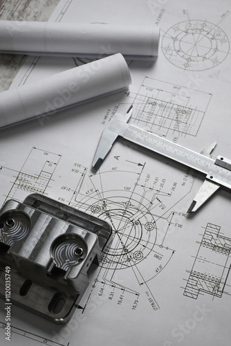Metal machined parts lying on a technical drawing with a caliper, showcasing precision engineering and manufacturing