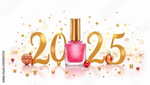 Festive new year 2025 nail polish with golden decorations