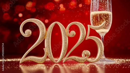 Golden 2025 celebration with sparkling champagne on a festive red background