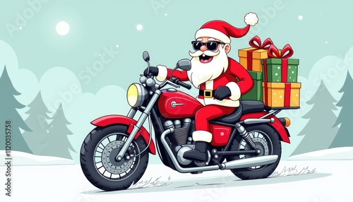 Santa claus rides a red motorcycle with gifts through a snowy landscape