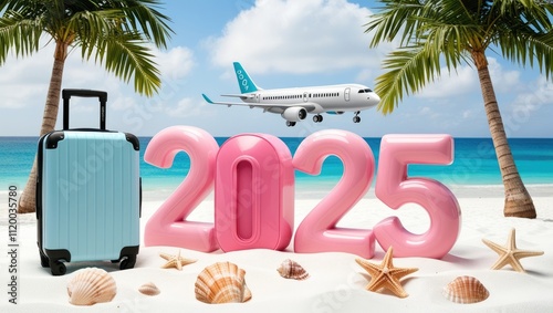 Tropical 2025 beach vacation with airplane and suitcase on sandy shore