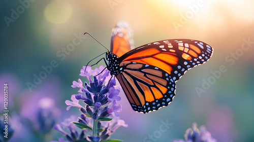 A butterfly is sitting on a purple flower. The butterfly is orange and black. The flower is purple and has a few leaves