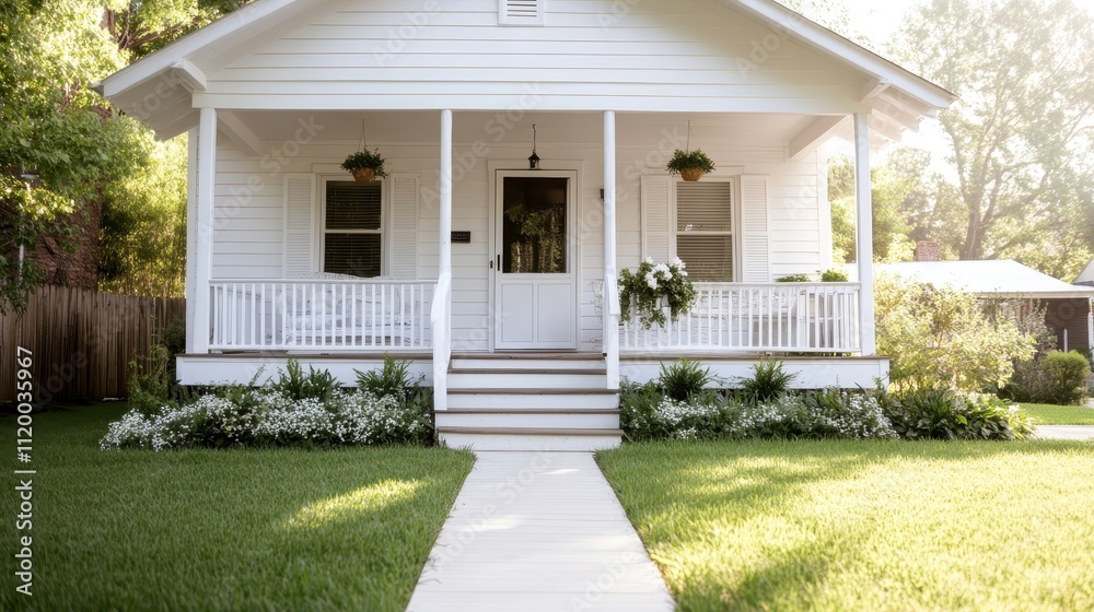 A beautiful white house porch features hanging plants and a welcoming entrance, radiating warmth and charm with its restful and inviting appearance at dusk. A beautiful white house porch features hanging plants and a welcoming entrance, radiating warmth and charm with its restful and inviting appearance at dusk.