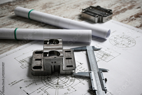 Metal machined parts lying on a technical drawing with a caliper, showcasing precision engineering and manufacturing