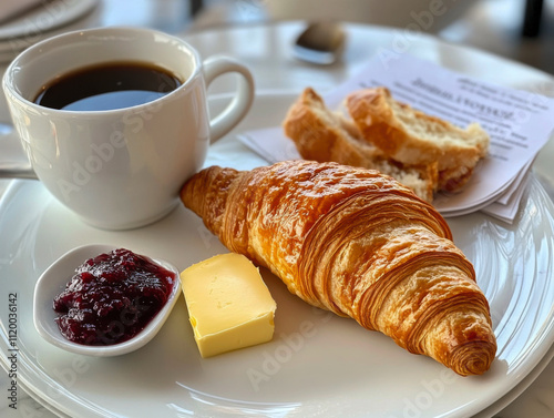 beautifully plated breakfast featuring croissant, butter, and jam, accompanied by cup of coffee. warm croissant adds delightful touch to morning meal