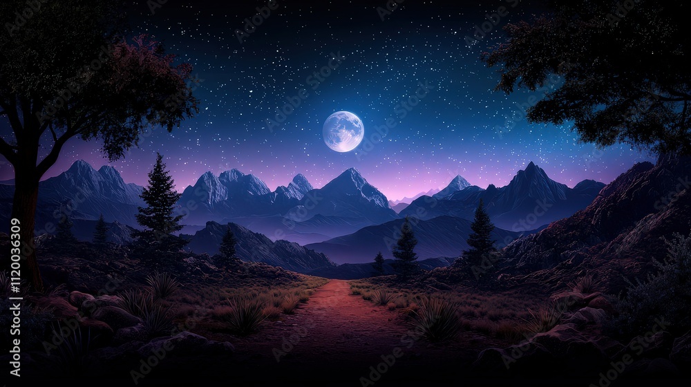 Mystical moonlit pathway enchanted forest digital art nighttime landscape panoramic view surreal atmosphere for nature lovers Mystical moonlit pathway enchanted forest digital art nighttime landscape panoramic view surreal atmosphere for nature lovers
