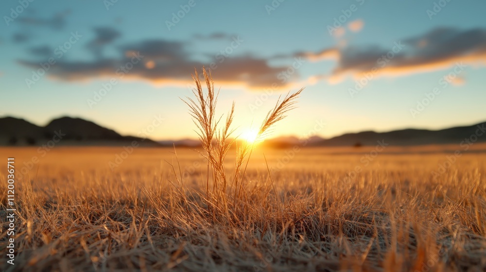 Fototapeta premium Golden grasses scatter light as the sun rises over a tranquil prairie landscape, offering a serene atmosphere that evokes peace and the vastness of nature's beauty.