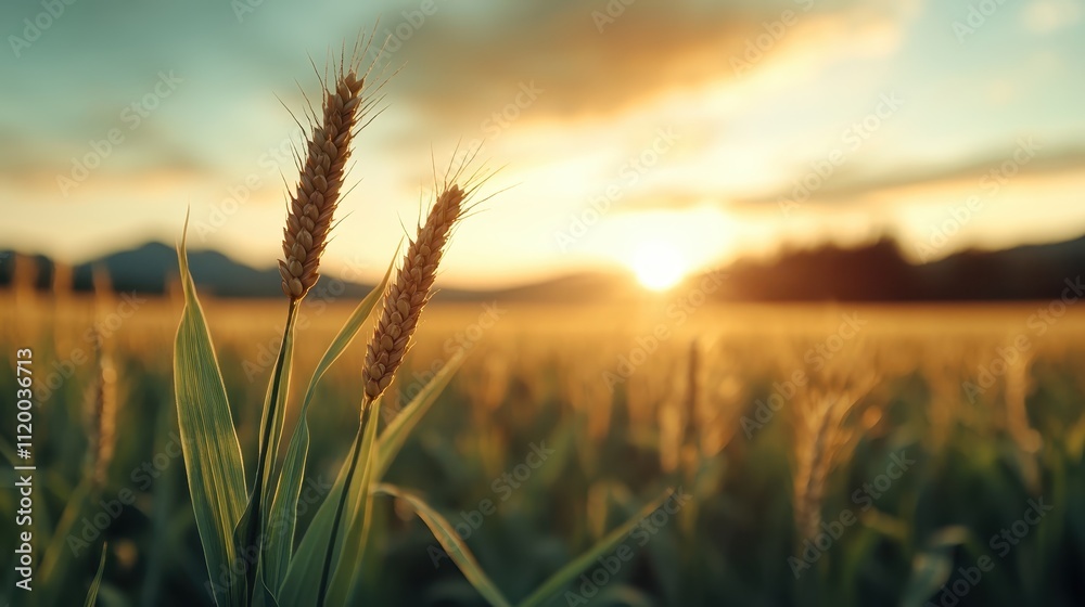 Golden wheat stalks sway gently in the foreground against a breathtaking sunrise, blending natural beauty with the promise of abundance and renewal in a lush field. Golden wheat stalks sway gently in the foreground against a breathtaking sunrise, blending natural beauty with the promise of abundance and renewal in a lush field.