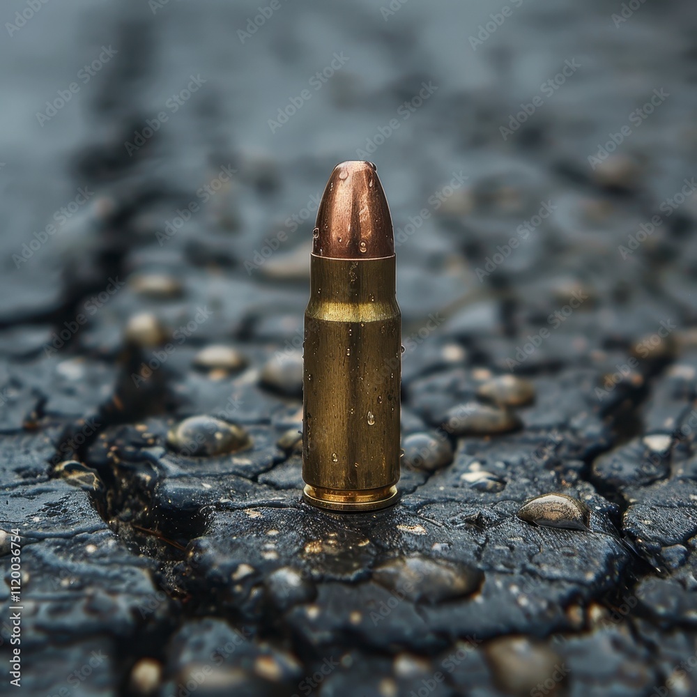 Single Bullet Cartridge on Wet Asphalt Close up Single Bullet Cartridge on Wet Asphalt Close up