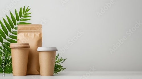 Brown paper cups and a bag stand against a light background, adorned with green leaves, presenting an eco-conscious packaging choice blended with aesthetic simplicity. photo