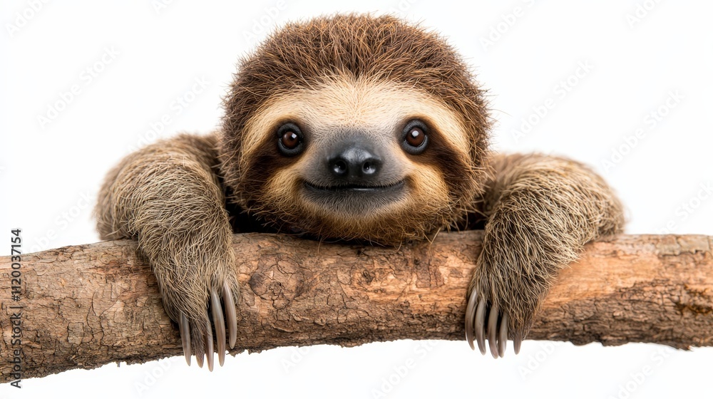 Adorable baby sloth clinging to a branch, isolated on white background. Adorable baby sloth clinging to a branch, isolated on white background.