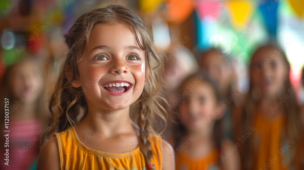Joyful celebration of childhood happy girl smiling at colorful event indoor setting capturing pure emotion engaging atmosphere Joyful celebration of childhood happy girl smiling at colorful event indoor setting capturing pure emotion engaging atmosphere