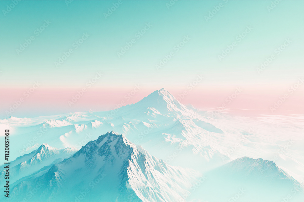 Snow-covered mountain peaks under a soft pastel sky, surrounded by clouds. Snow-covered mountain peaks under a soft pastel sky, surrounded by clouds.