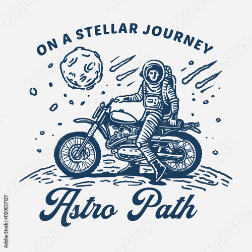 Retro-style logo featuring an astronaut standing beside a vintage motorcycle on a cosmic path, with asteroids, a moon, and shooting stars in the background, ideal for motorcycle club branding or space