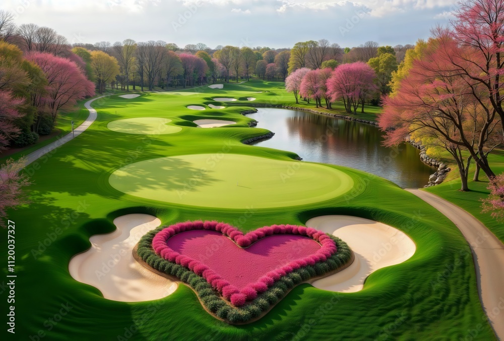 Valentine golf course. Aerial view of a golf course with a heart-shaped pink bush in the sand trap.