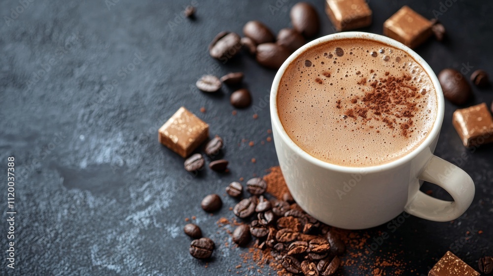 Cup of frothy hot chocolate with coffee beans Cup of frothy hot chocolate with coffee beans