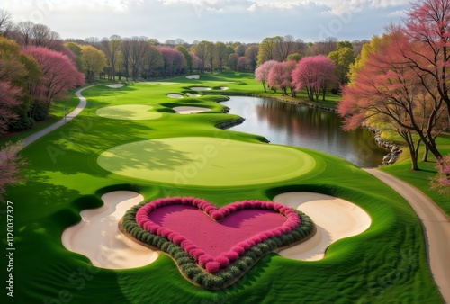 Obraz na płótnie Valentine golf course. Aerial view of a golf course with a heart-shaped pink bush in the sand trap. w salonie