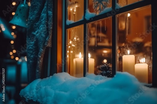 Cozy Winter Scene. Snow and a Candlelit Window, Embracing the Serenity of Season. Warm, inviting window view with Christmas lights. Snowflakes and flickering candles, perfect for winter imagery. photo