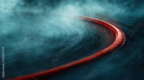 A dramatic scene showing a racetrack's sharp red curve enveloped in swirling mist, capturing the essence of speed, motion, and anticipation in motorsport. photo