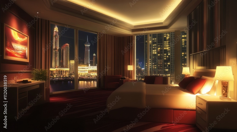 A luxurious hotel room with a king-size bed, nightstand, and a large window overlooking a city skyline at night. A luxurious hotel room with a king-size bed, nightstand, and a large window overlooking a city skyline at night.