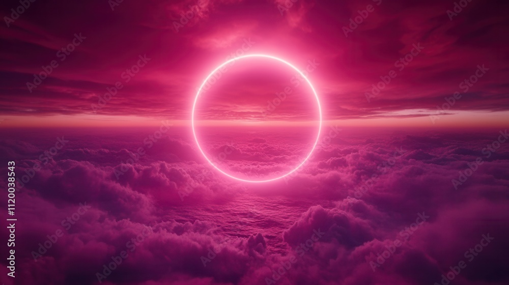 A vibrant pink halo appears in the sky above the clouds, creating a surreal and dreamlike atmosphere during twilight. A vibrant pink halo appears in the sky above the clouds, creating a surreal and dreamlike atmosphere during twilight.