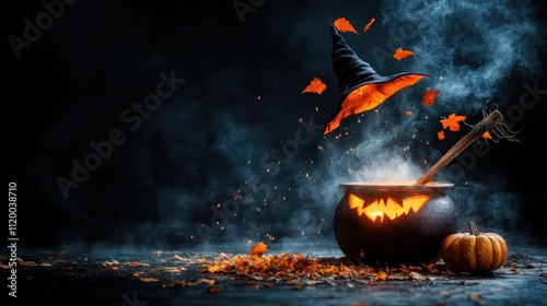 A mystical witch hat floats above a cauldron surrounded by orange leaves, its magical aura and enigmatic charm enhanced by swirling smoke in the background. photo