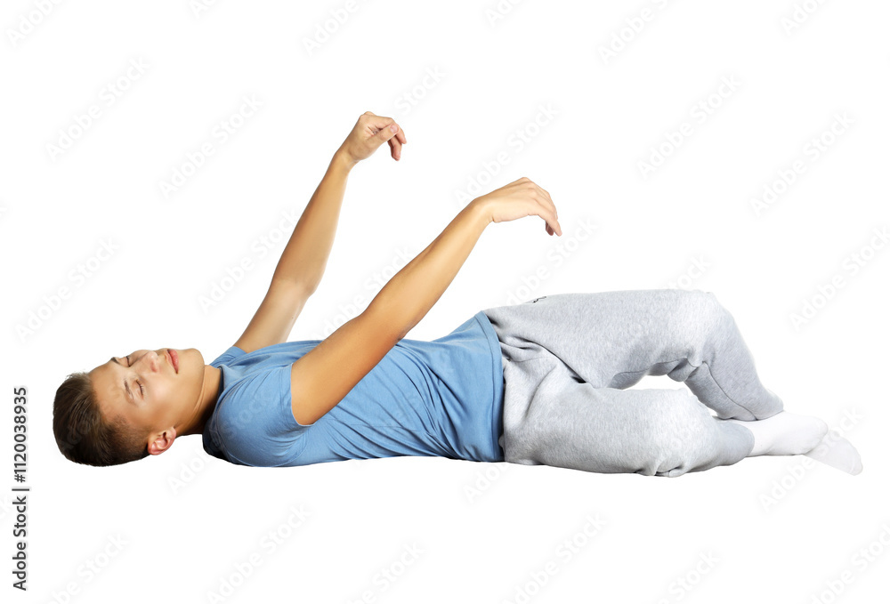 Somnambulist in pajamas on white background. Sleepwalking