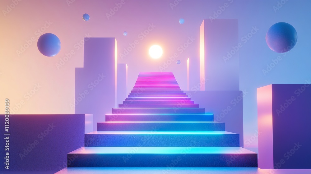 Neon-lit stairs ascend towards a sunlit, pastel cityscape. Abst Neon-lit stairs ascend towards a sunlit, pastel cityscape. Abst