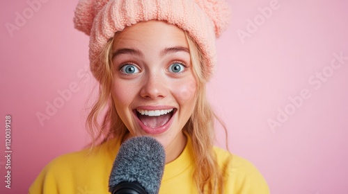 A thrilled young woman in a peach beanie holding a large microphone, stands against a soft pink backdrop, illustrating her vivacious personality and engaging expression.