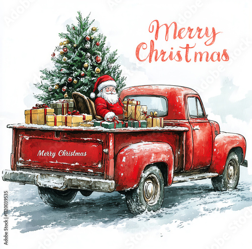 red vintage pickup truck with Santa and Christmas presents, featuring large tree in back. cheerful scene conveys holiday spirit with Merry Christmas displayed prominently