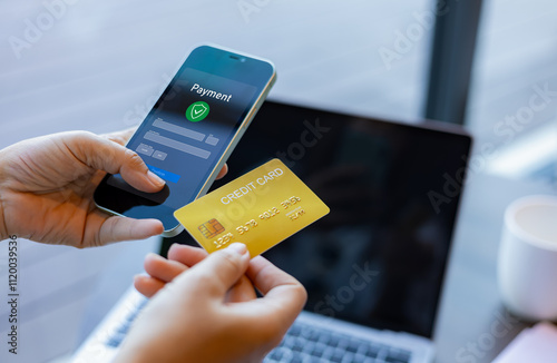 Online banking transaction concept, Woman with credit card using smart phone and shopping online, Ecommerce and secure mobile banking concept, Making online payments.