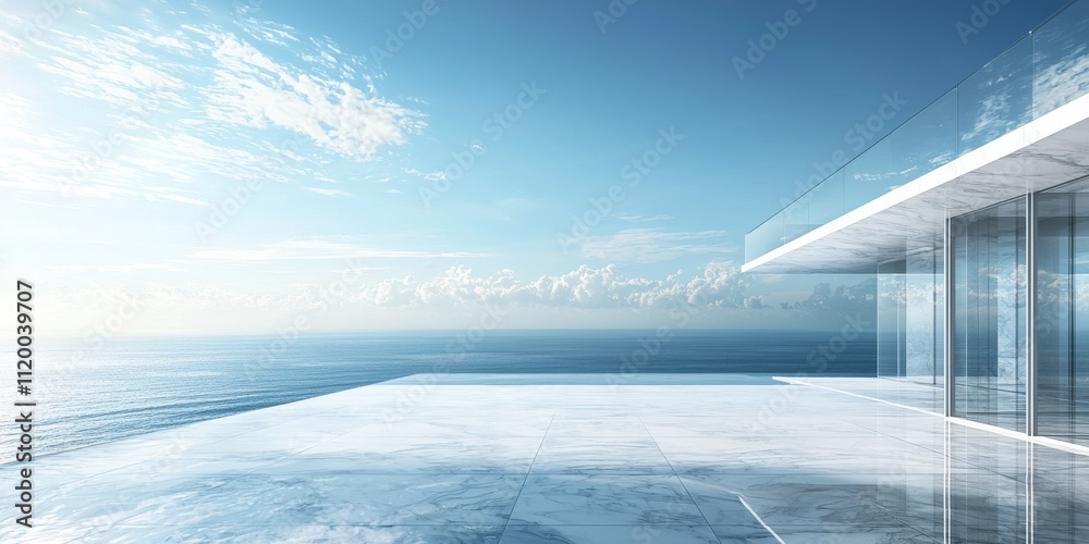 Create a high-resolution image of a modern, minimalist architectural scene featuring a luxurious glass-walled building overlooking a vast ocean Create a high-resolution image of a modern, minimalist architectural scene featuring a luxurious glass-walled building overlooking a vast ocean